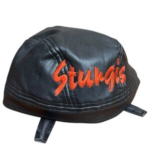 Black Sturgis Faux Leather Tie Back Biker Cap - Adjustable Fit